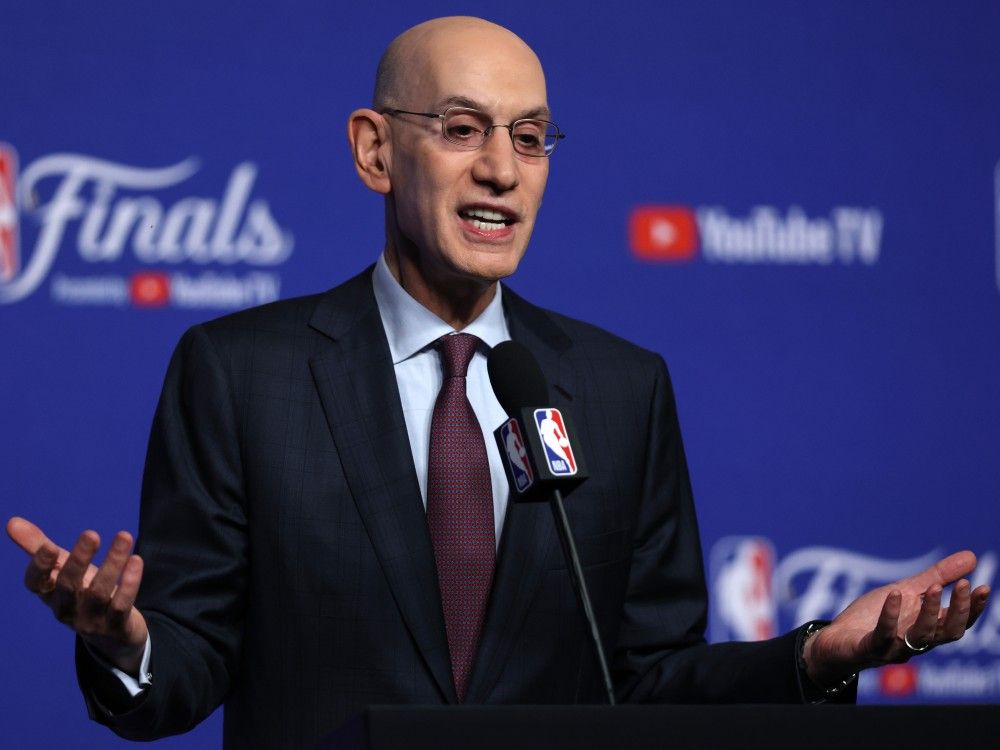 NBA Commissioner Adam Silver speaks to the media before Game 1 of the NBA Finals at the Paycom Center in Oklahoma City on June 5, 2025.