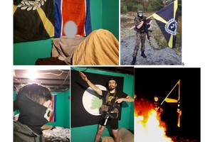 Photographs stored on Matthew Althorpe’s hard drive show the AWD (Atomwaffen Division) flag hanging in the basement bedroom; a behind-the-scenes photo of someone holding the AWD flag during the filming of Fission; Althorpe in the same basement bedroom; and a screenshot of one of the AWD flags from Fission.