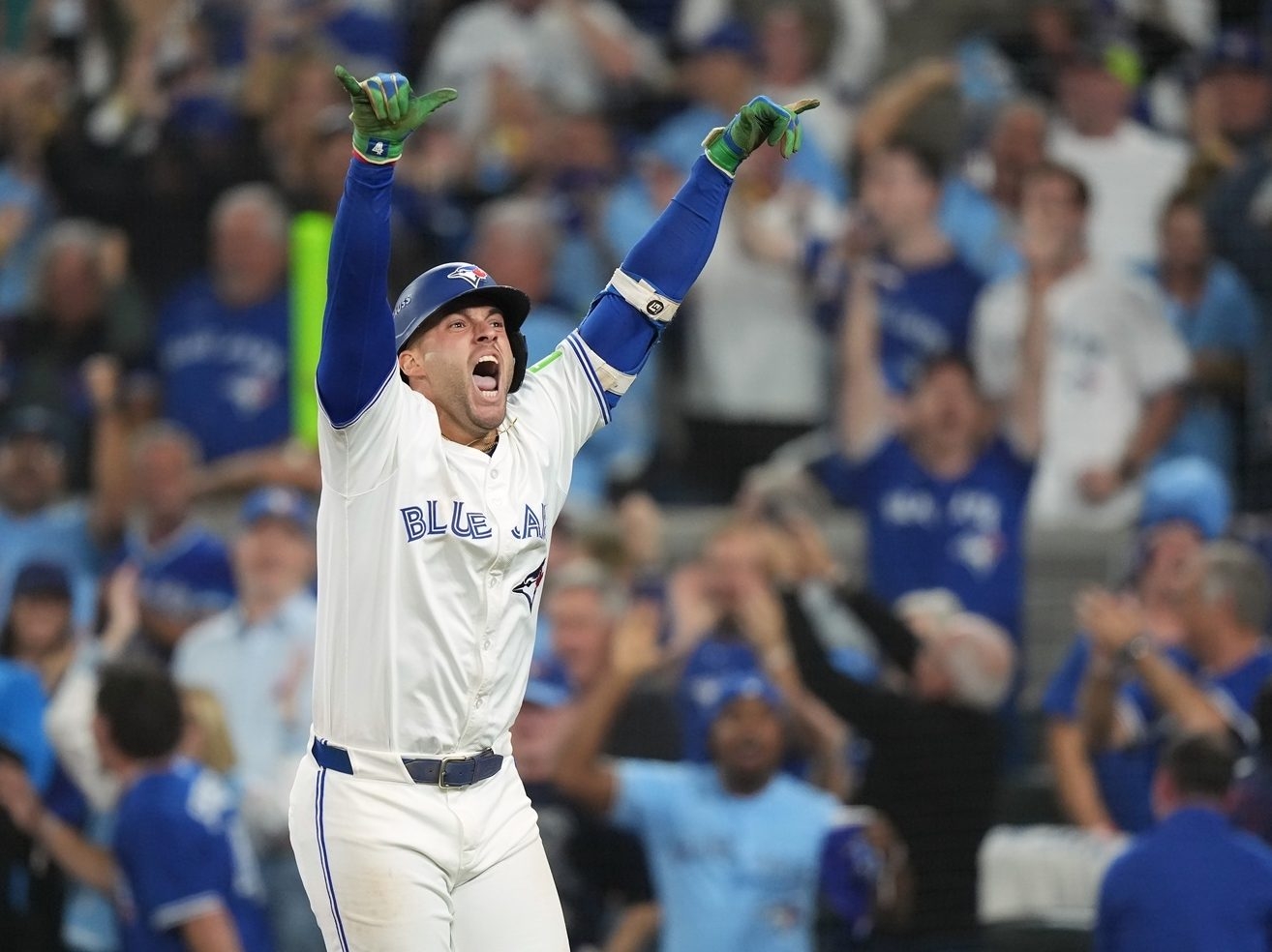 Toronto Blue Jays’ George Springer reacts after hitting a three-run home run against the Seattle Mariners during the seventh inning of the MLB American League Championship Series Game 7 in Toronto, Monday, Oct. 20, 2025.  Toronto Blue Jays’ George Springer reacts after hitting a three-run home run against the Seattle Mariners during the seventh inning of the MLB American League Championship Series Game 7 in Toronto, Monday, Oct. 20, 2025.