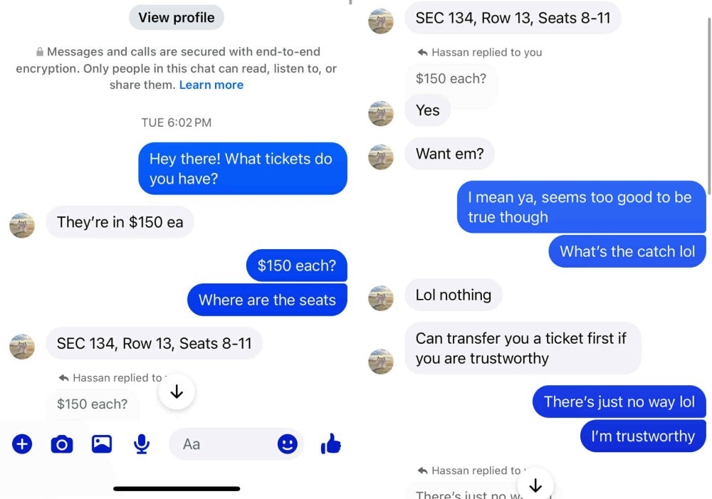 A text exchange between Blue Jays fan Declan Conroy and a seller offering cheap seats to World Series games in Toronto. A text exchange between Blue Jays fan Declan Conroy and a seller offering cheap seats to World Series games in Toronto.
