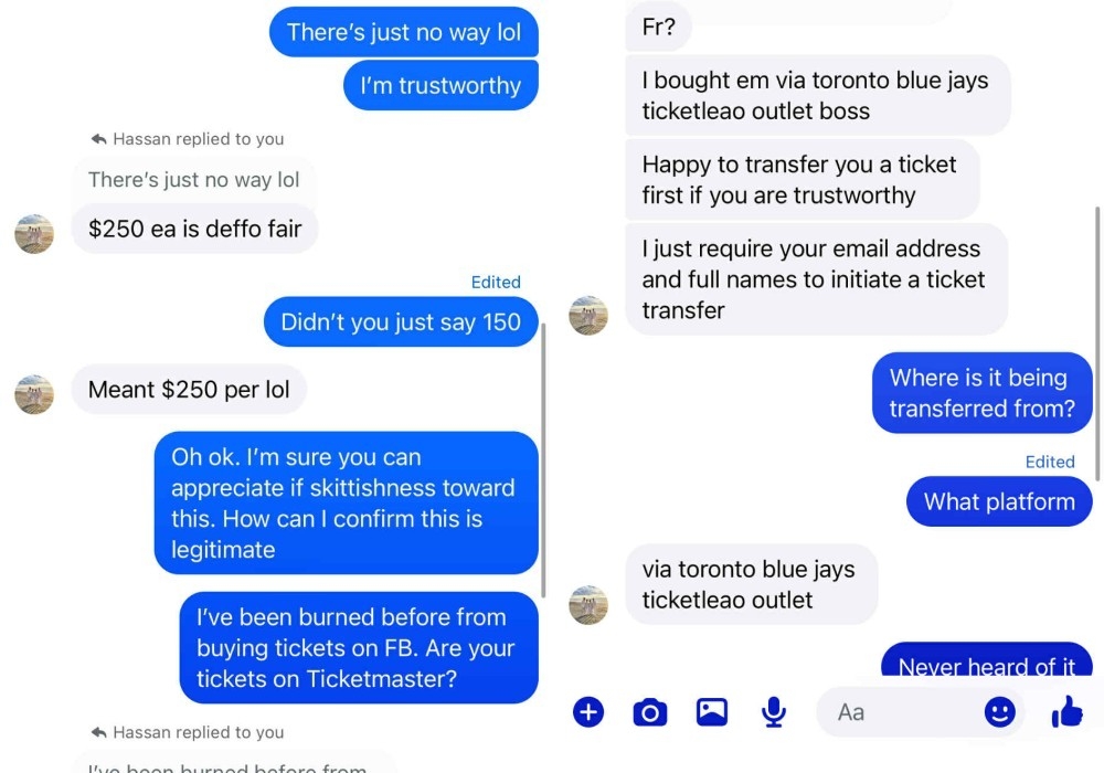 A text exchange between Blue Jays fan Declan Conroy and a seller offering cheap seats to World Series games in Toronto. A text exchange between Blue Jays fan Declan Conroy and a seller offering cheap seats to World Series games in Toronto.
