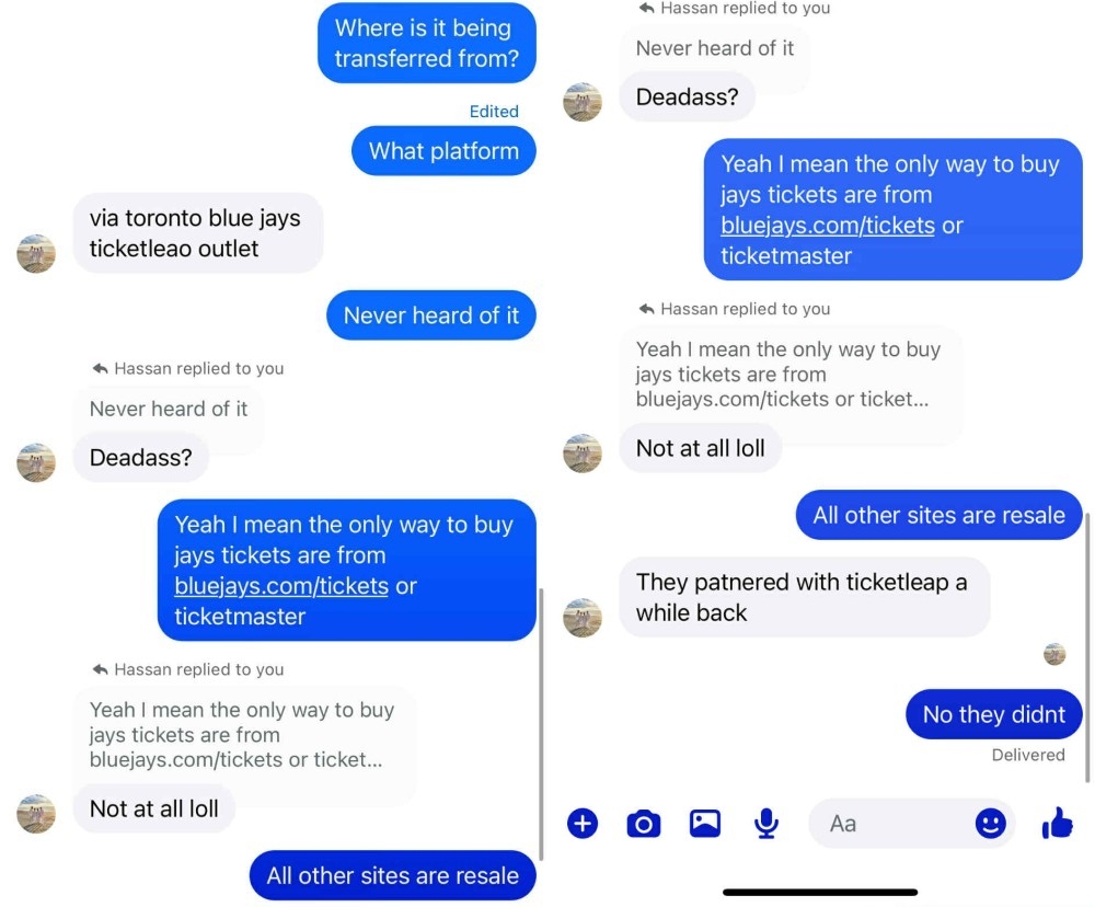 A text exchange between Blue Jays fan Declan Conroy and a seller offering cheap seats to World Series games in Toronto. A text exchange between Blue Jays fan Declan Conroy and a seller offering cheap seats to World Series games in Toronto.