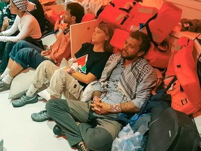 In this picture of the distribution material published by the Israeli Ministry of Foreign Affairs, the Swedish climate -activist Greta Tunberg (Center) and the Brazilian activist Tiago Avil (on the right), along with other activists, after the Israeli military fleet intercepted the global flotall in Gaza on October 1, 2025.
