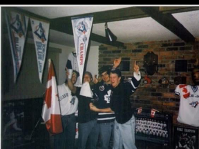 Troy Hacock and Tim Tyler seen together with two other friends after the Toronto Blue Jays won the 1993 World Series