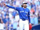 Kevin Gausman of the Toronto Blue Jays reacts after the last out of the fifth inning was recorded against the New York Yankees in game one of the Division Series at Rogers Centre on Oct. 4, 2025 in Toronto.