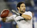 New York Jets quarterback Mark Sanchez warms up before an NFL football game between the Jets and the Tennessee Titans on Monday, Dec. 17, 2012, in Nashville, Tenn.