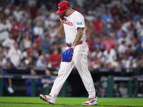 Phillies pitcher Orion Kerkering steps off the mound in Philadelphia on October 9, 2025.