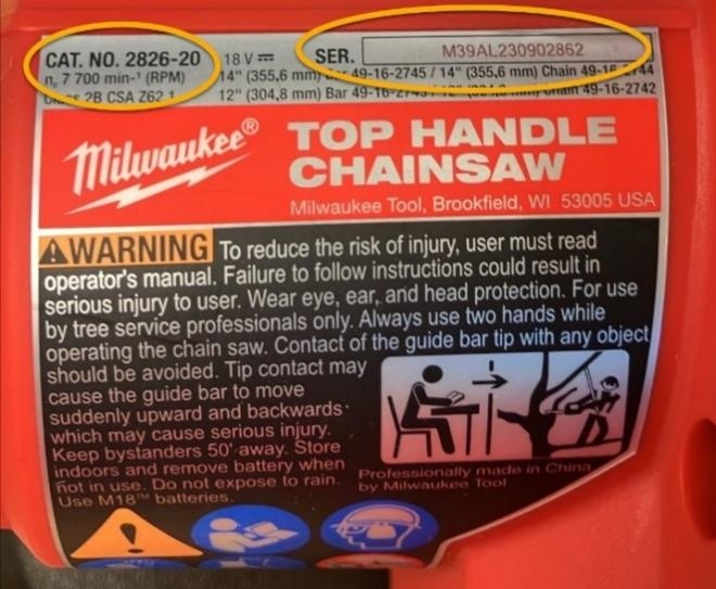 A nameplate label showing the chainsaw catalog number and serial number is pictured in a photo provided by Health Canada.  A nameplate label showing the chainsaw catalog number and serial number is pictured in a photo provided by Health Canada.