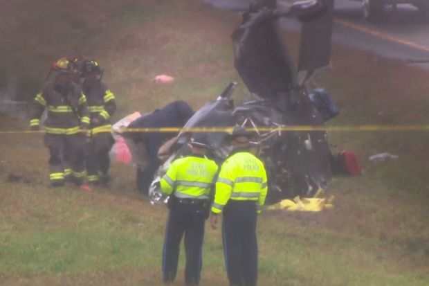 This image made from video provided by WCVB-TV shows the scene after a small plane crashed onto a highway in Dartmouth, Mass., Monday Oct. 13, 2025. (WCVB-TV via AP)