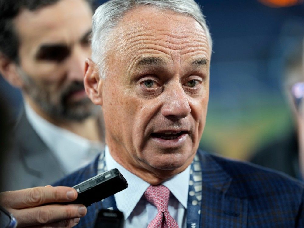 MLB Commissioner Rob Manfred speaks before Game 2 of the World Series between the Blue Jays and Dodgers in Toronto, Saturday, Oct. 25, 2025.