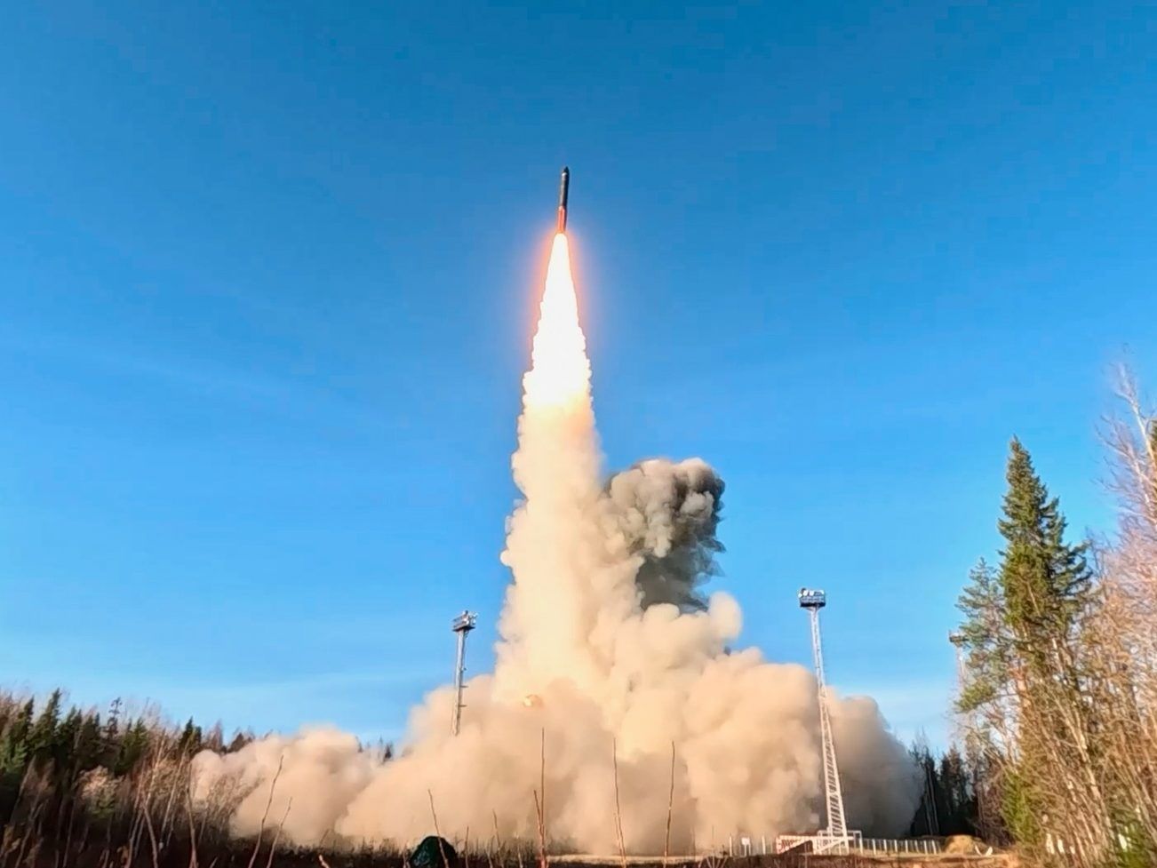 In this photo from a video released by the press service of the Russian Ministry of Defense on Wednesday, October 22, 2025, a test launch of an intercontinental ballistic missile 