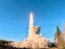 In this photo from a video released by the press service of the Russian Ministry of Defense on Wednesday, October 22, 2025, a test launch of an intercontinental ballistic missile