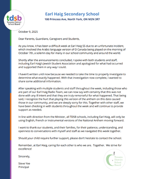 Earl Haig's main letter, October 9, 2025.