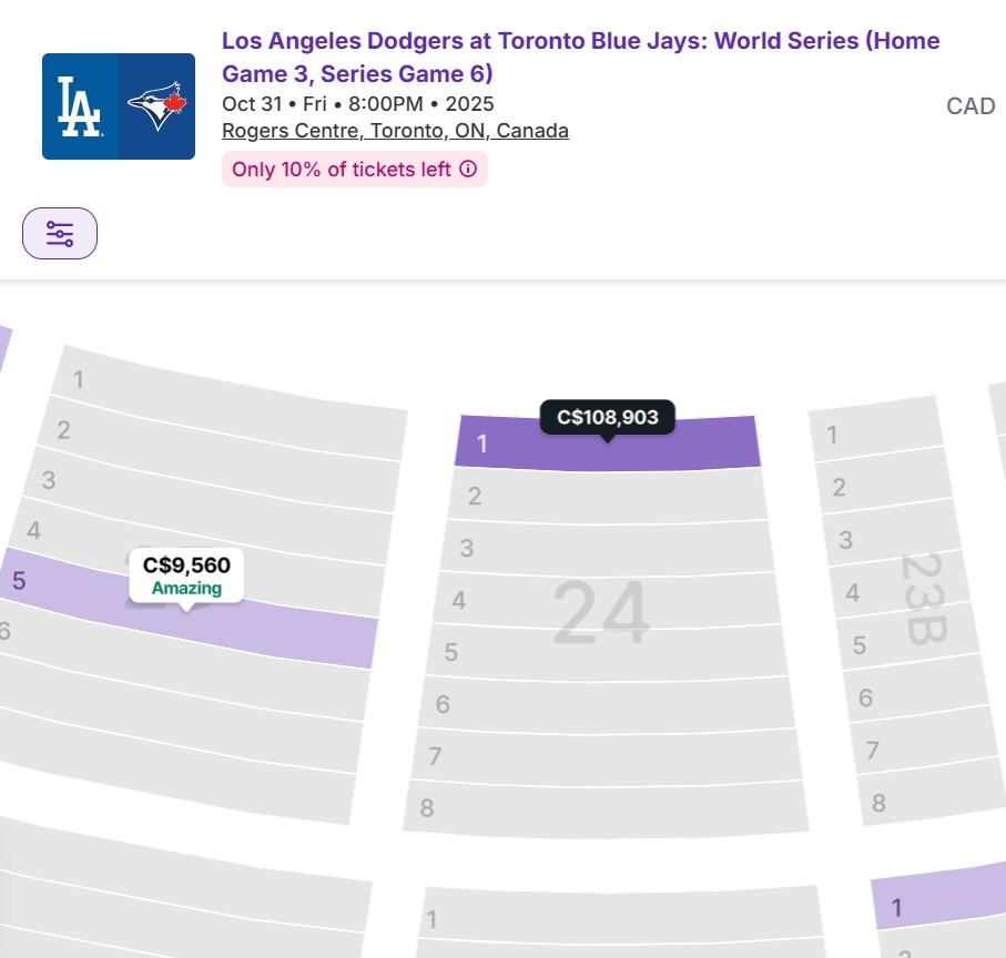 Prices of Blue Jays resale tickets for Game 6 of the World Series.  Prices of Blue Jays resale tickets for Game 6 of the World Series.