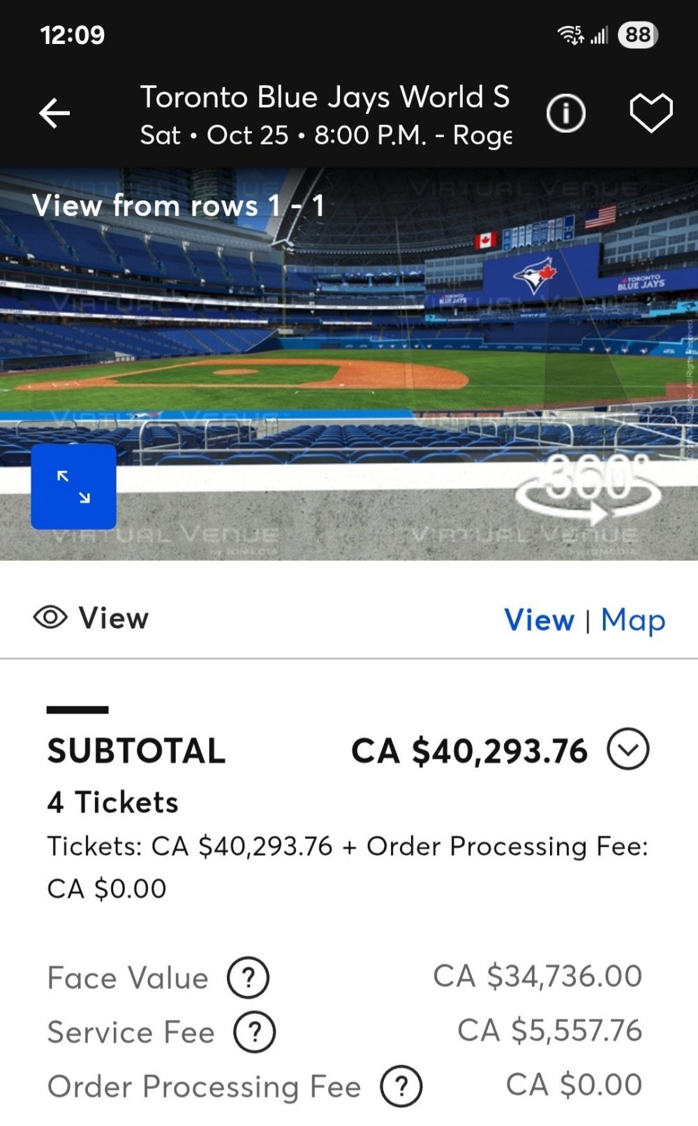 The Ticketmaster app shows four resale Blue Jays tickets for $40,000 behind home plate for Saturday’s World Series game, on Wednesday, Oct. 22, 2025. The Ticketmaster app shows four resale Blue Jays tickets for $40,000 behind home plate for Saturday’s World Series game, on Wednesday, Oct. 22, 2025.