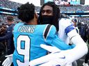 Bryce Young (9) of the Carolina Panthers talks with Trevon Diggs (7) of the Dallas Cowboys after the game at Bank of America Stadium on Oct. 12, 2025 in Charlotte, N.C.
