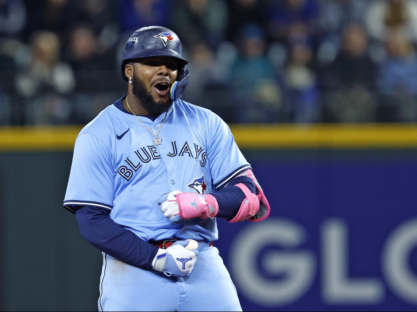 Vladimir Guerrero Jr. of the Toronto Blue Jays celebrates after hitting a double during the eighth inning against the Seattle Mariners in Game 3 of the American League Championship Series at T-Mobile Park in Seattle.  Vladimir Guerrero Jr. of the Toronto Blue Jays celebrates after hitting a double during the eighth inning against the Seattle Mariners in Game 3 of the American League Championship Series at T-Mobile Park in Seattle.
