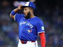 Vladimir Guerrero Jr. No. 27 of the Toronto Blue Jays reacts to the pitch during the eighth inning against the Seattle Mariners in Game 2.