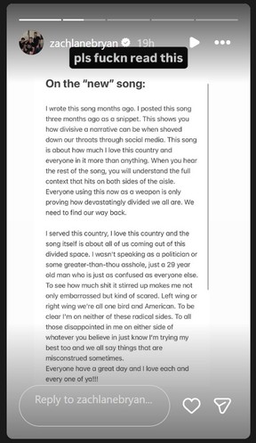 Zach Bryan took to Instagram to address the criticism he received over his new song.