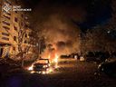 In this photo provided by the Ukrainian Emergency Service, fire and smoke raises after a residential building was damaged during Russia's air strike in Zaporizhzhia, Ukraine, Sunday, Oct. 5, 2025.