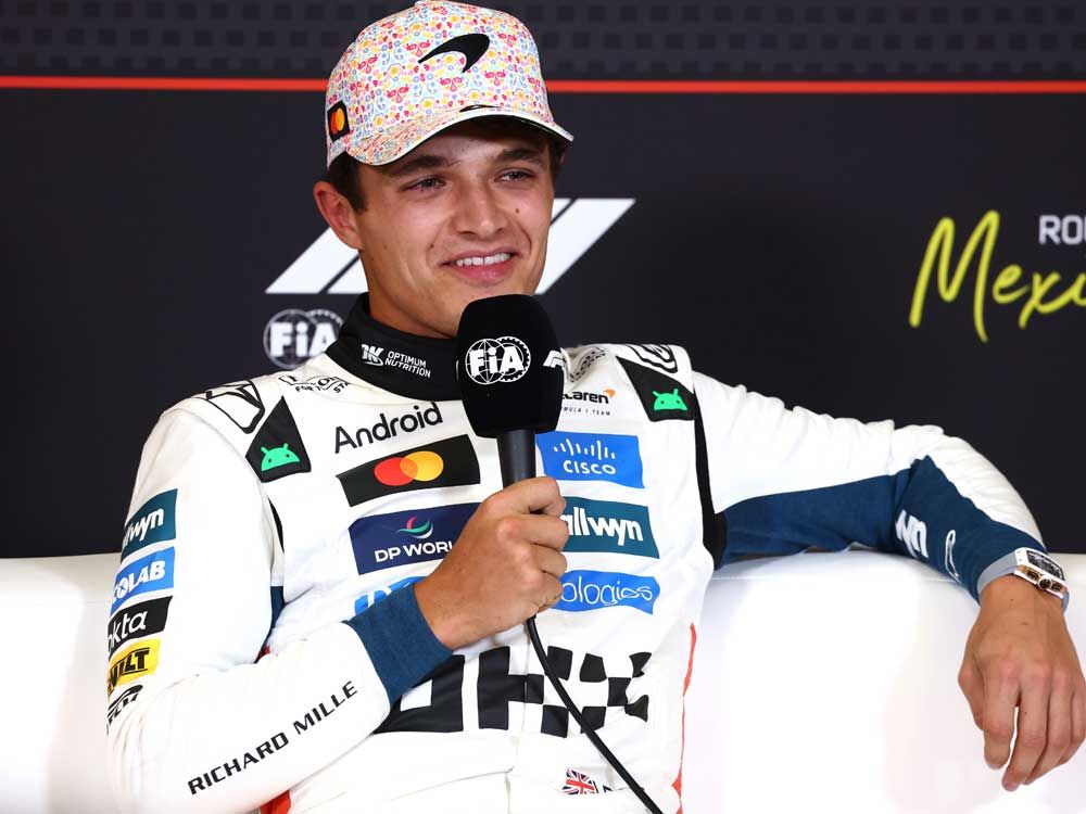 Pole position qualifier Lando Norris of Great Britain and McLaren in the Drivers Press Conference during qualifying ahead of the F1 Grand Prix of Mexico at Autodromo Hermanos Rodriguez on Oct. 25, 2025 in Mexico City.