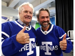 Leafs alumni Darcy Tucker and Darryl Sittler show off their sweaters in anticipation of the Toronto Maple Leafs 100-year anniversary that was held on Dec. 19, 2017. The photo was taken at MLSE LaunchPad in Toronto on Sept. 12, 2017. (Dave Abel, Toronto Sun)