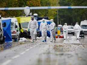 The police investigation continues at the scene near Heaton Park Hebrew Congregation synagogue in Manchester, England, Friday, Oct. 3, 2025, where two people died in a terror attack on Thursday.