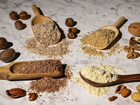 Clockwise from top right: Flour and walnut, almond, pecan and hazelnut products.
