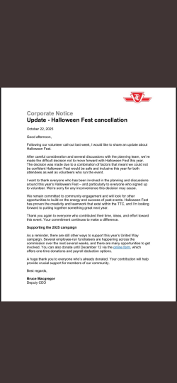 TTC letter to cancel Halloween Fest  TTC letter to cancel Halloween Fest