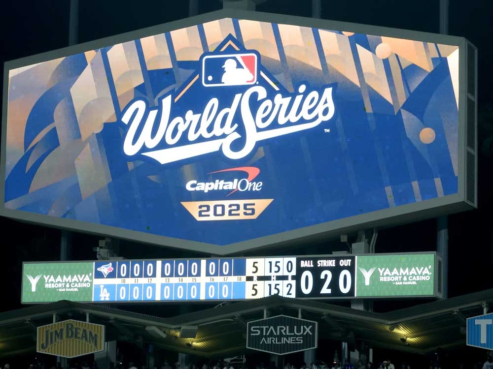 A general view of the scoreboard in the outfield during the 18th inning of Game 3 of the 2025 World Series between the Toronto Blue Jays and the Los Angeles Dodgers at Dodger Stadium on Oct. 27. 2025 in Los Angeles, Calif.  A general view of the scoreboard in the outfield during the 18th inning of Game 3 of the 2025 World Series between the Toronto Blue Jays and the Los Angeles Dodgers at Dodger Stadium on Oct. 27. 2025 in Los Angeles, Calif.