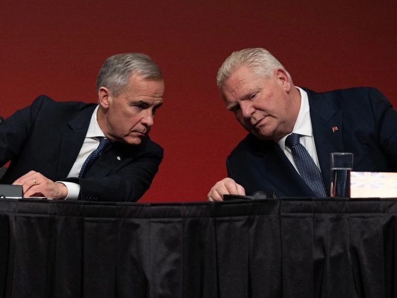 Prime Minister Mark Carney, left, and Ontario Premier Doug Ford hold a press conference after a first ministers' meeting in Saskatoon on June 2. 

 