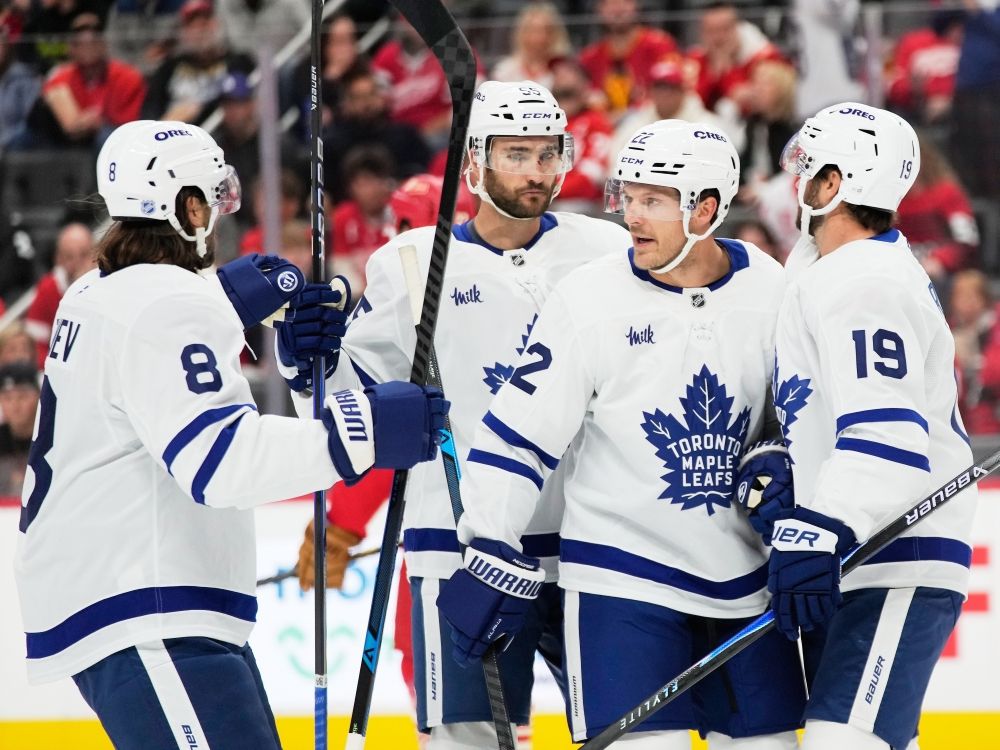 From left to right: Toronto Maple Leafs Chris Tanev, Nicholas Roy, Jake McCabe and center Calle Jarnkrok.