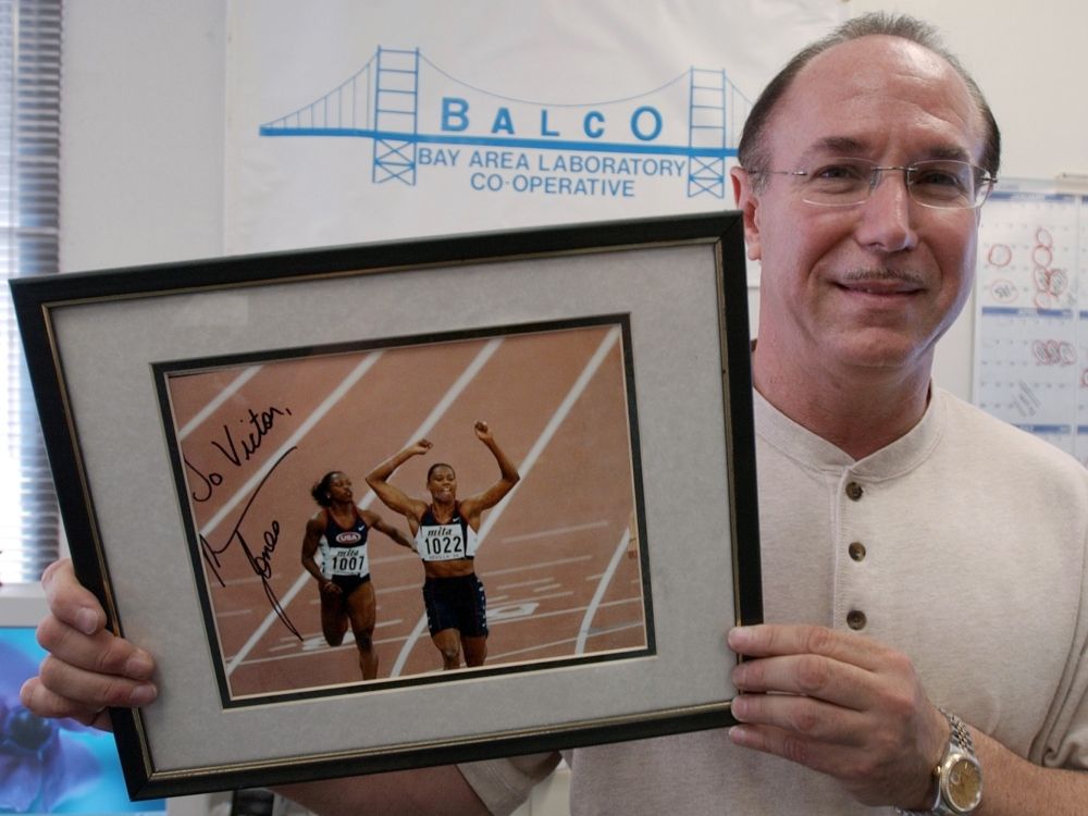BALCO founder Victor Conte keeps in his office an autographed photo Conte addressed to track and field star Marion Jones, 2003.