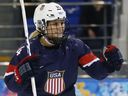 Brianna Decker of the United States celebrates her goal against Sweden in the semifinals of the 2014 Women's Winter Olympics.