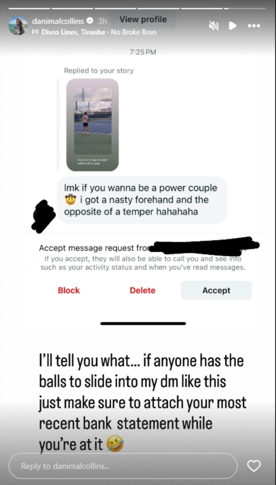 An online dating message shared by tennis star Danielle Collins.