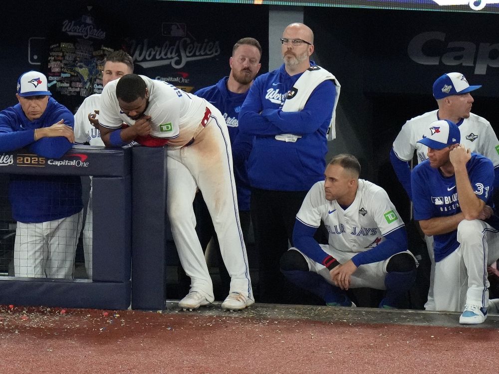 The Toronto Blue Jays dugout looks like Game 7 of the World Series against the Los Angeles Dodgers.