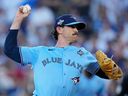 Toronto Blue Jays pitcher Shane Bieber throws against the Los Angeles Dodgers during the first inning of Game 4 of the World Series on October 28, 2025 in Los Angeles.