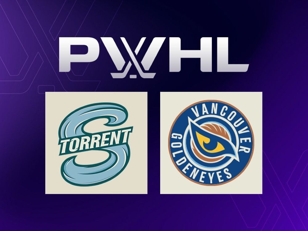This handout image shows the logos of the PWHL expansion clubs: Seattle Torrent (left) and Vancouver Goldeneyes.