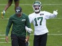 New York Jets' Kris Boyd (17) participates during an NFL football practice in Florham Park, N.J.