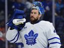 Toronto Maple Leafs goaltender Anthony Stolarz drinks during a game against the Flyers in Philadelphia.