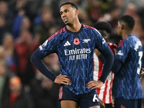 Arsenal defender Gabriel Magalhaes reacts after the final whistle during the English Premier League football match against Sunderland.