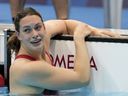 Canada's Penny Oleksiak reacts after swimming to win the bronze medal in the women's 200m freestyle final during the Tokyo 2021 Summer Olympics.