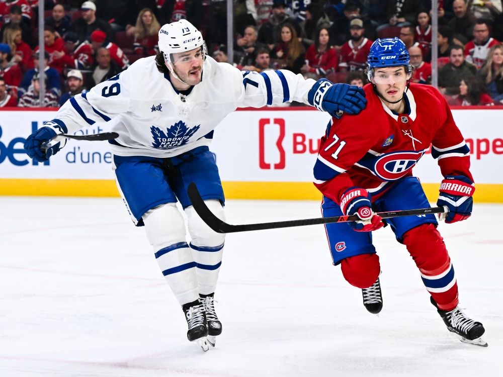 Sammy Blais of the Toronto Maple Leafs skates against Jake Evans of the Montréal Canadiens during a game on Nov. 22, 2025.
