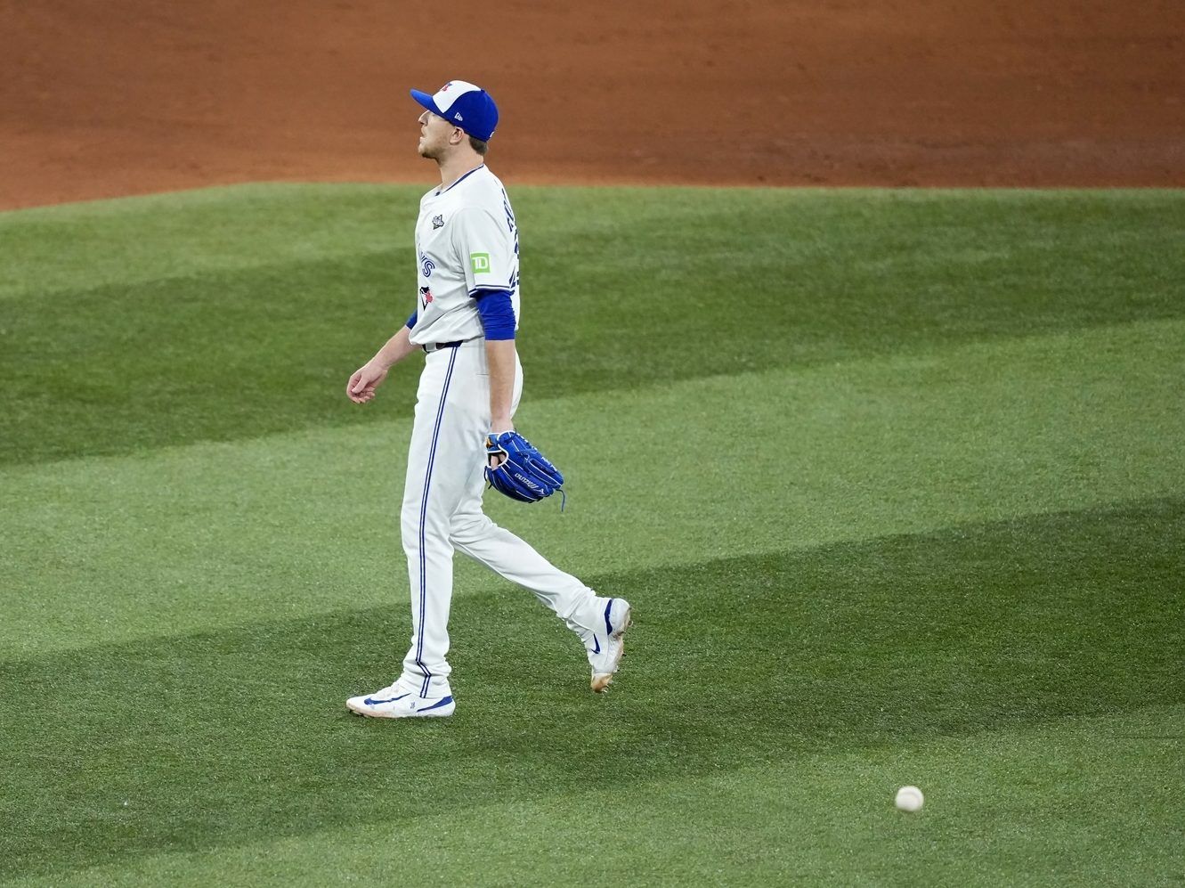 Jeff Hoffman of the Toronto Blue Jays walks to the bench after starting the ninth inning against the Los Angeles Dodgers in Game 7 of the 2025 World Series at Rogers Center on November 1, 2025 in Toronto. 