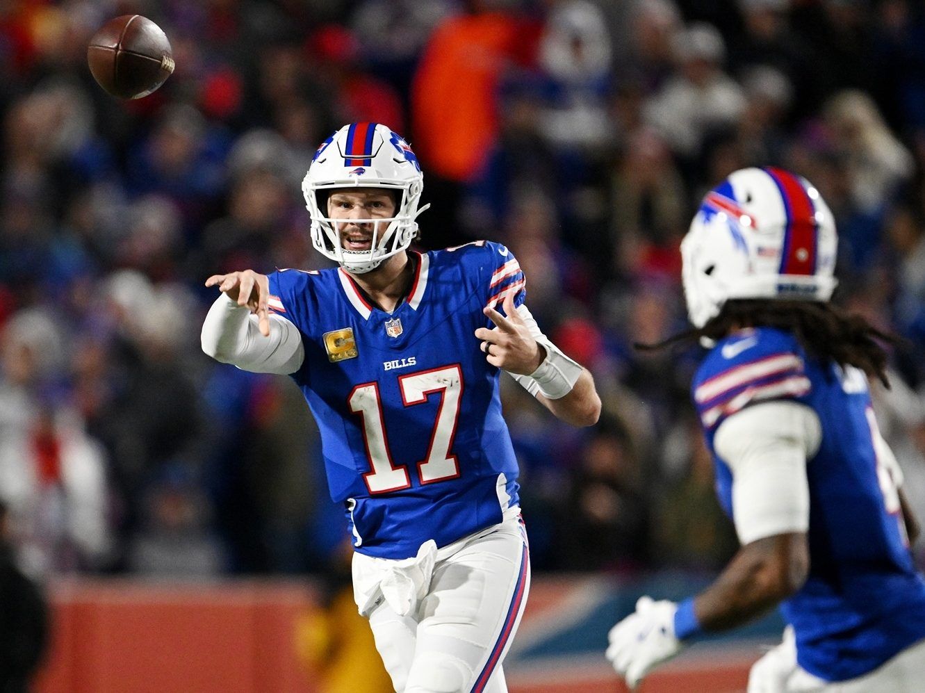 Josh Allen of the Buffalo Bills throws a football.
