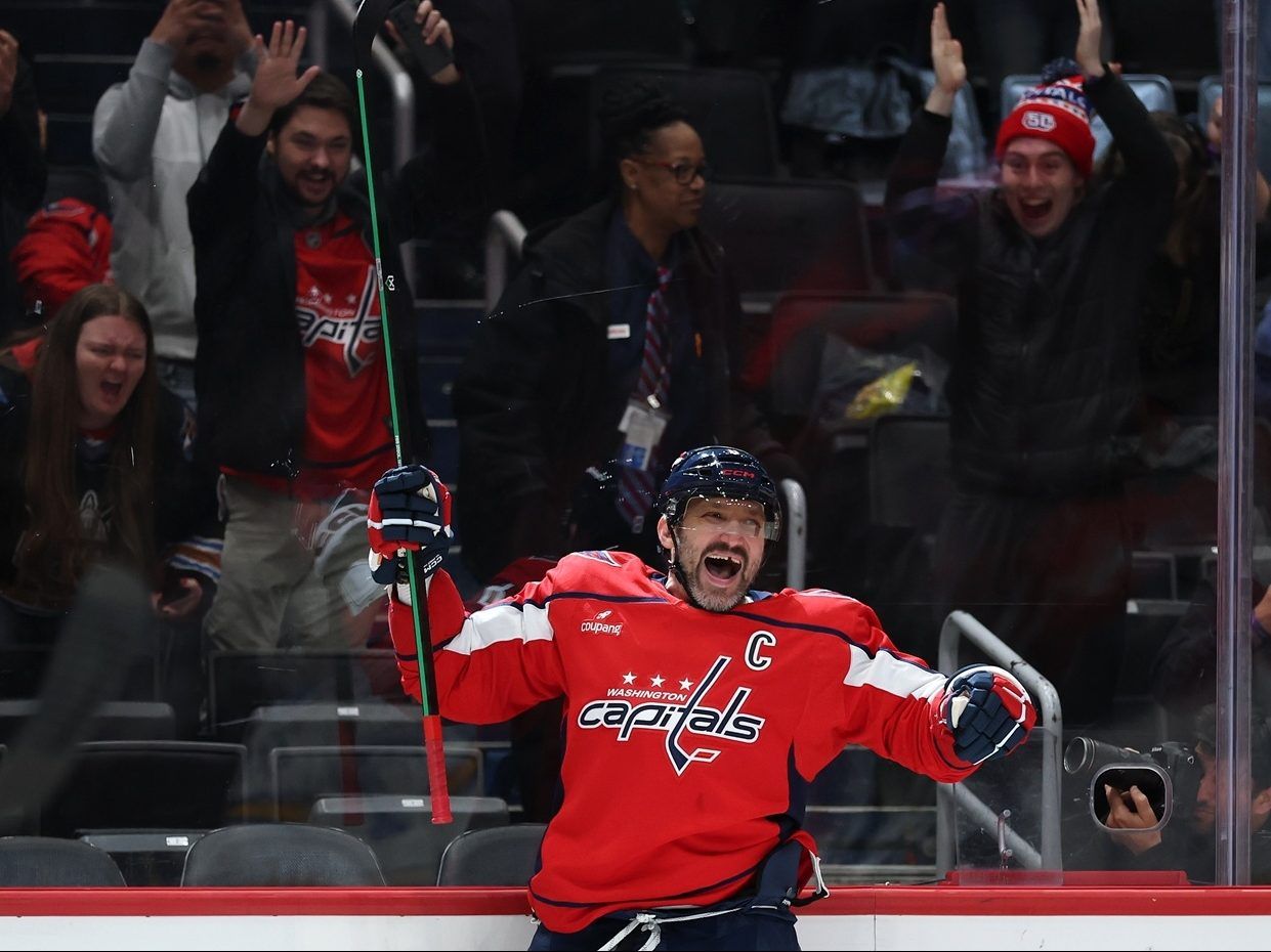 Alex Ovechkin of the Washington Capitals celebrates his 900th career NHL goal during the second period against the St. Louis Blues at Capital One Arena on November 5, 2025 in Washington, DC.
