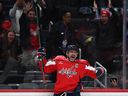 Alex Ovechkin of the Washington Capitals celebrates his 900th career NHL goal during the second period against the St. Louis Blues at Capital One Arena on November 5, 2025 in Washington, DC.