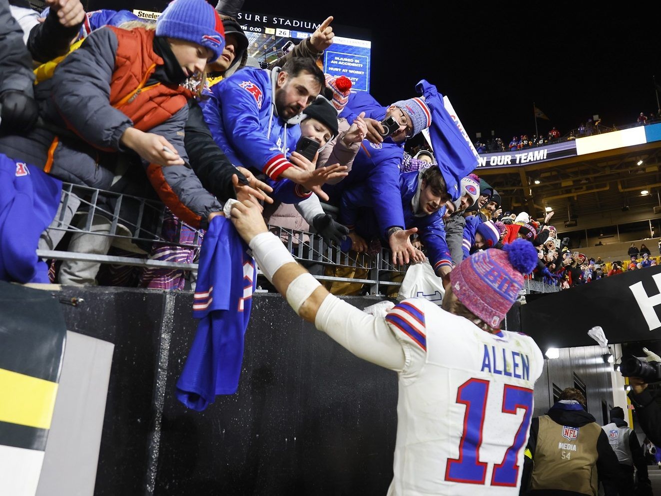 josh allen of the buffalo bills celebrates with fans at acrisure stadium on sunday, nov. 30, 2025, in pittsburgh, pa.
