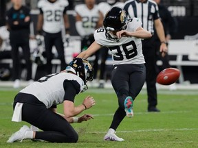 Jacksonville Jaguars place kicker Cam Little (39) kicks a field goal during the second half of an NFL football game against the Las Vegas Raiders, Sunday, Nov. 2, 2025, in Las Vegas.