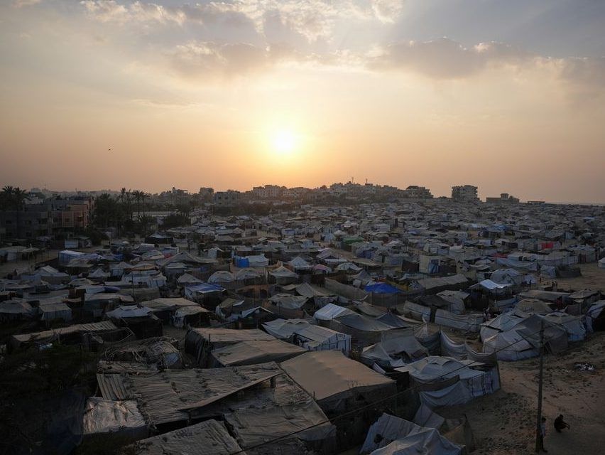 A tent camp for displaced Palestinians lies along Zawaida in the central Gaza Strip on Tuesday, November 4, 2025.